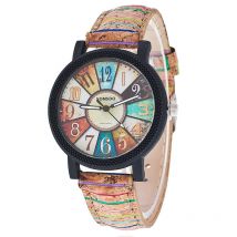Montre à plateau tournant en grain de bois pour femme, montre en cuir à motif rayé vintage, montre de mode décontractée