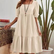 Women's Clothing One shoulder Ruffled Short sleeved Color Cotton and Linen Dress