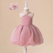 Vêtements pour enfants Nouvelle robe de princesse pour enfants Robe de princesse bouffante perlée sans manches rose Costume de performance de piano pour fille de fleur pour enfants