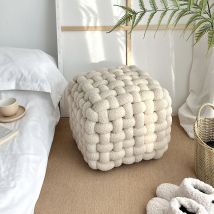 Handwoven Rattan Stool With Backrest - Boho Chic Pouf Ottoman For Living Room, Bedroom & Bay Window