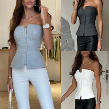 Débardeur sexy sans manches à épaules dénudées pour femme, haut court slim uni à fermeture éclair, mode Y2K, chemisier polyvalent, printemps-été
