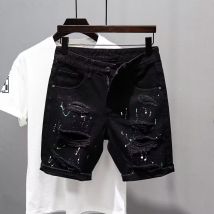 Pantalon fendu cassé pour garçon, tendance, personnalisé, coupe Slim, polyvalent, beau short en Denim noir, été 2024