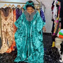 sequin printed loose robe with headscarf African ethnic style robe dress