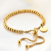 2PCS  New INS Gold Stainless Steel Simple and Fashionable Round Hanging Tag Adjustable Bead Engraved Bracelet