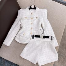 Vêtements pour femmes Veste en tweed de soie blanche brillante Veste Short Costume Ensemble deux pièces
