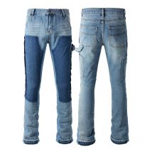 Vêtements pour hommes jeans délavés légèrement évasés en patchwork de couleur contrastée pour hommes jeans évasés