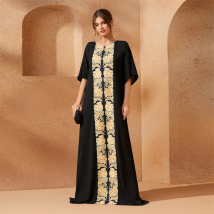Robe longue turque orientale pour femmes, robe noire imprimée dorée, manches mi-longues