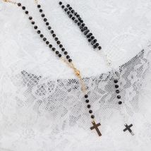 Fashion Simple Long Tassel Cross Pendant Necklaces Handmade Sweater Rosary Beads Choker Chain Lock Necklace Collar