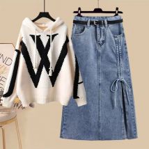 Vêtements pour femmes nouvelle grosse fille paresseuse pull tricoté à capuche jupe décontractée costume deux pièces