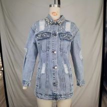 Chemise en jean couleur unie trou veste longue en jean pour femme
