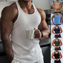 Men's Clothing Men's Knitted Vertical Stripes Fitness Fashion I Shaped Slim Vest Men's Summer Breathable Sports Vest Men