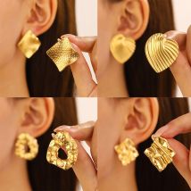 Boucles d'oreilles géométriques plissées en acier titane pour femmes, rondes irrégulières, carrées, jolies boucles d'oreilles mi-anciennes, à la mode