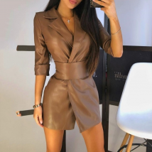 Women's Clothing Solid Color Pu Leather Suit Collar Mid-long Sleeve Women's Dress Leather Jacket With Belt