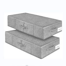 Under Bed Storage Box - 2-Pack Flat Drawer Organizers For Clothes & Blankets (Clear Plastic Space-Saving Easy Slide Design 15" Height Gray/White)​​