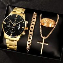 Montres pour hommes Montre d'affaires pour hommes Montre à quartz graduée avec calendrier Ensemble collier et bracelet croisés et bagues