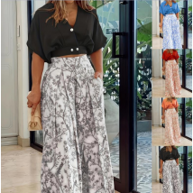 Women' s printed wide-leg pants, buttoned cardigan, chiffon shirt, elegant suit