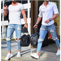 Jeans skinny pour hommes Pantalon chino déchiré de couleur claire