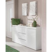 Credenza Amoco, Madia di design a 2 ante 3 cassetti, Made in Italy, Mobile Porta TV, Buffet da soggiorno, cm 150x40h81, Bianco lucido