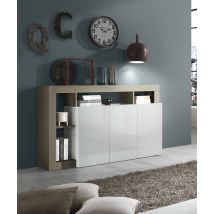 Credenza moderna a 3 ante a vani Americano, Made in Italy, Madia da cucina, Buffet di design da soggiorno, cm 146x42h93, colore Bianco lucido e Pero