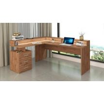 Scrivania Leonilda, Scrittoio angolare con sopralzo, Scrivania ufficio multiuso, 180x90h160 cm, Rovere