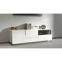 Mobile porta TV Cecia, Credenza bassa da soggiorno con 2 ante e 1 cassetto, Base porta TV, 150x44h46 cm, Bianco lucido