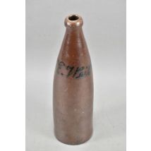 f92t79- Alte Steinzeug Flasche, braun glasiert, beschr. E. Weiche