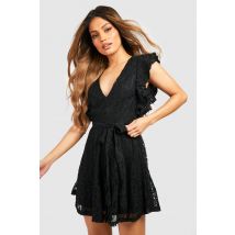 Robe Patineuse À Manches Volantées En Dentelle - Noir - 42, Noir