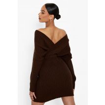 Robe Pull Côtelée À Épaules Dénudées - Marron Chocolat - S, Marron Chocolat