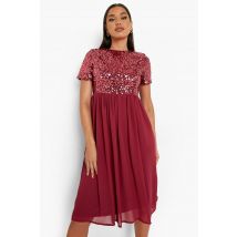Robe Mi-Longue Pailletée À Manches Courtes - Rouge Lie De Vin - 36, Rouge Lie De Vin