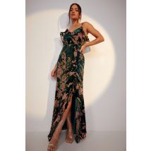 Robe Longue À Bretelles Et Motif Fleuri - Vert Émeraude - 44, Vert Émeraude