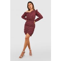 Robe Asymétrique Froncée À Imprimé Pois - Rouge Bordeaux - 34, Rouge Bordeaux