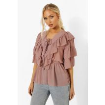 Chemisier À Volants Et Alcets - Marron Taupe - 34, Marron Taupe