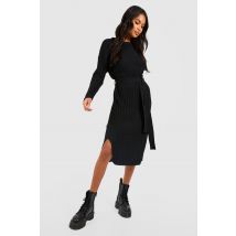 Robe Mi-Longue Côtelée À Attaches - Noir - S, Noir
