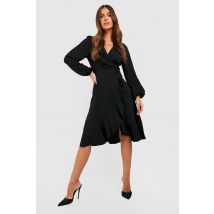 Robe Patineuse Mi-Longue Cache-Coeur À Volants - Noir - 38, Noir