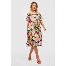 Robe Babydoll Mi-Longue À Imprimé Fleuri - Noir - 38, Noir