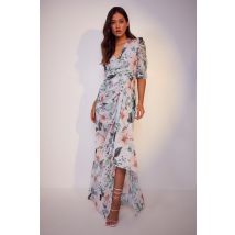 Maternité - Robe De Grossesse Fleurie À Manches Bouffantes - Bleu - 44, Bleu