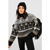 Pull Jacquard En Maille À Franges - Noir - S, Noir
