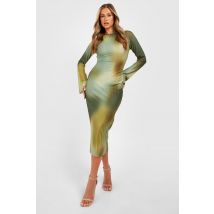 Robe Longue Imprimée À Manches Évasées - Vert Kaki - 38, Vert Kaki