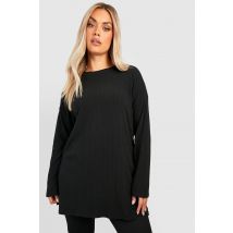 Grande Taille - Tunique Côtelée À Manches Longues - Noir - 44, Noir