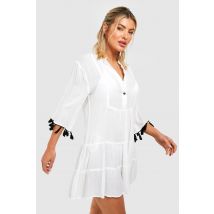 Robe Tunique Plage À Pompons - Blanc - M, Blanc