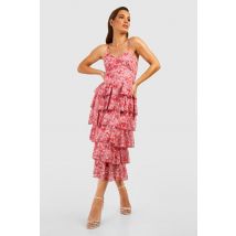 Robe Mi-Longue Fleurie Froncée - Rose - 38, Rose
