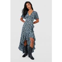 "Petite" - Robe Portefeuille Mi-Longue Fleurie - Noir - 40, Noir