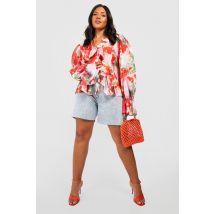 Grande Taille - Top Bohème Fleuri Noué À Volants - Rouge - 48, Rouge