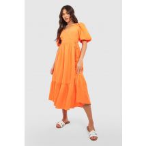Robe Portefeuille Mi-Longue À Manches Bouffantes - Orange - 46, Orange