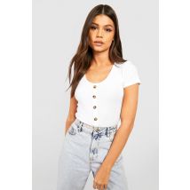 T-Shirt Côtelé Boutonné - Blanc - S, Blanc
