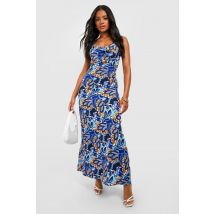 Robe Longue À Imprimé Abstrait Et Col Bénitier - Bleu - 38, Bleu