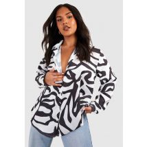 Grande Taille - Chemise Oversize Satinée Imprimée - Noir - 44, Noir