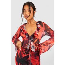 "Petite" - Blouse Fleurie À Volants - Rouge - 40, Rouge