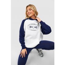 Sweat À Capuche Oversize Color Block À Slogan New York - Bleu Foncè - L, Bleu Foncè