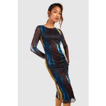 Robe Moulante En Tulle À Manches Longues - Bleu - 38, Bleu